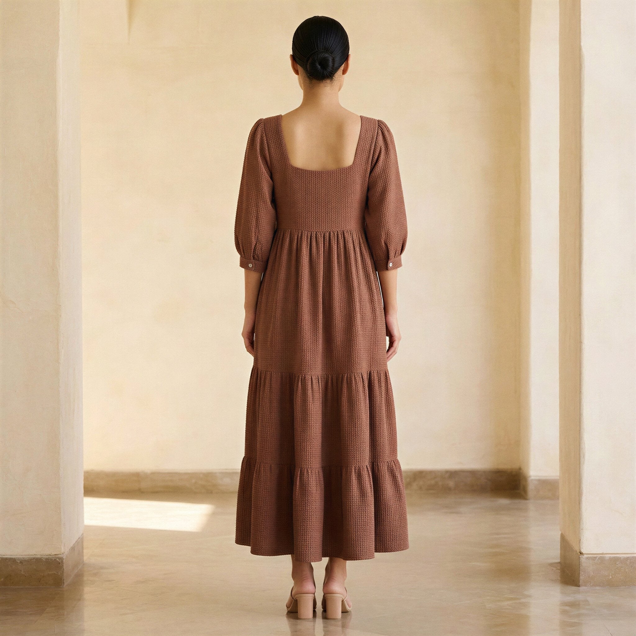 Brown Cotton Waffle Square Neck Tiered Midi Dress