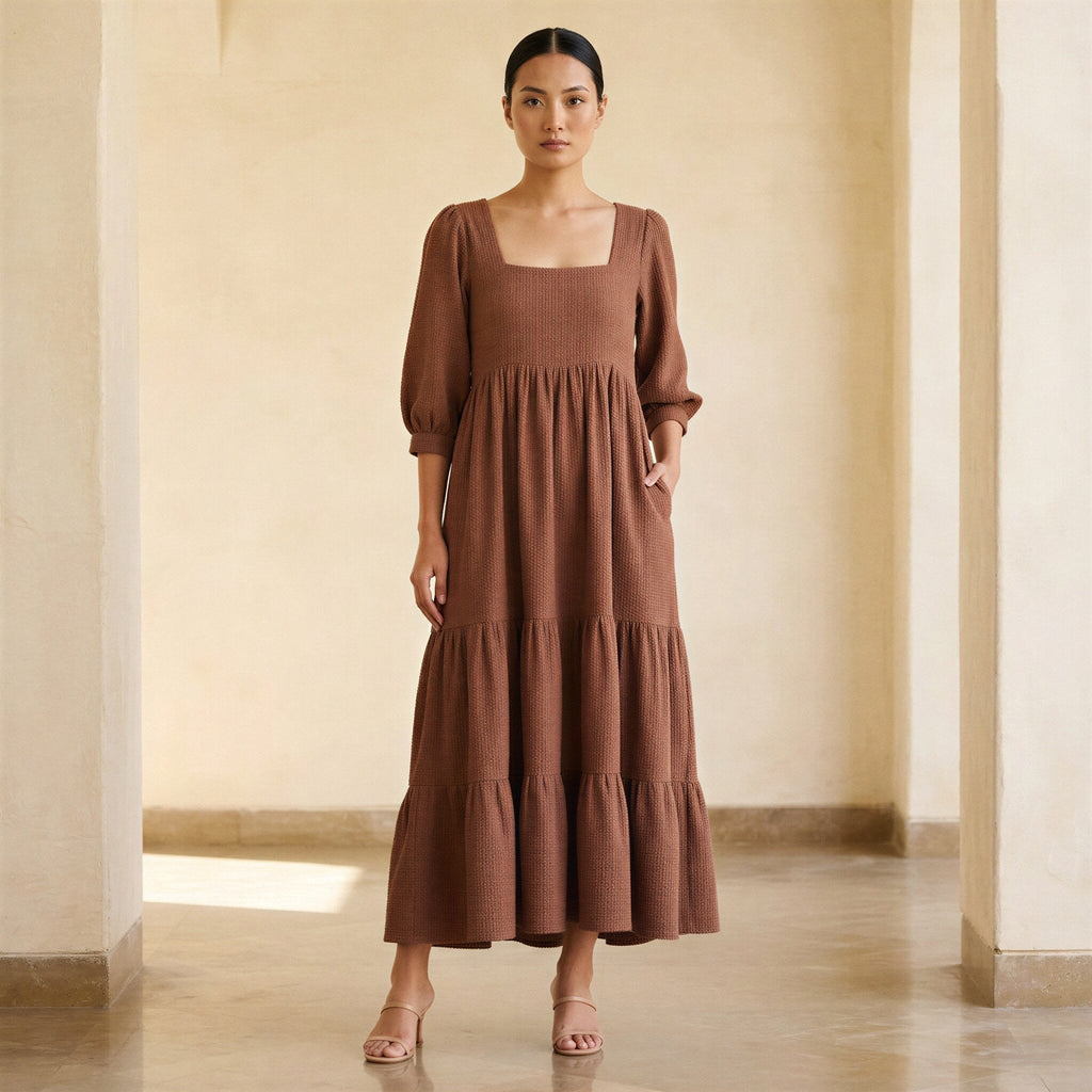Brown Cotton Waffle Square Neck Tiered Midi Dress