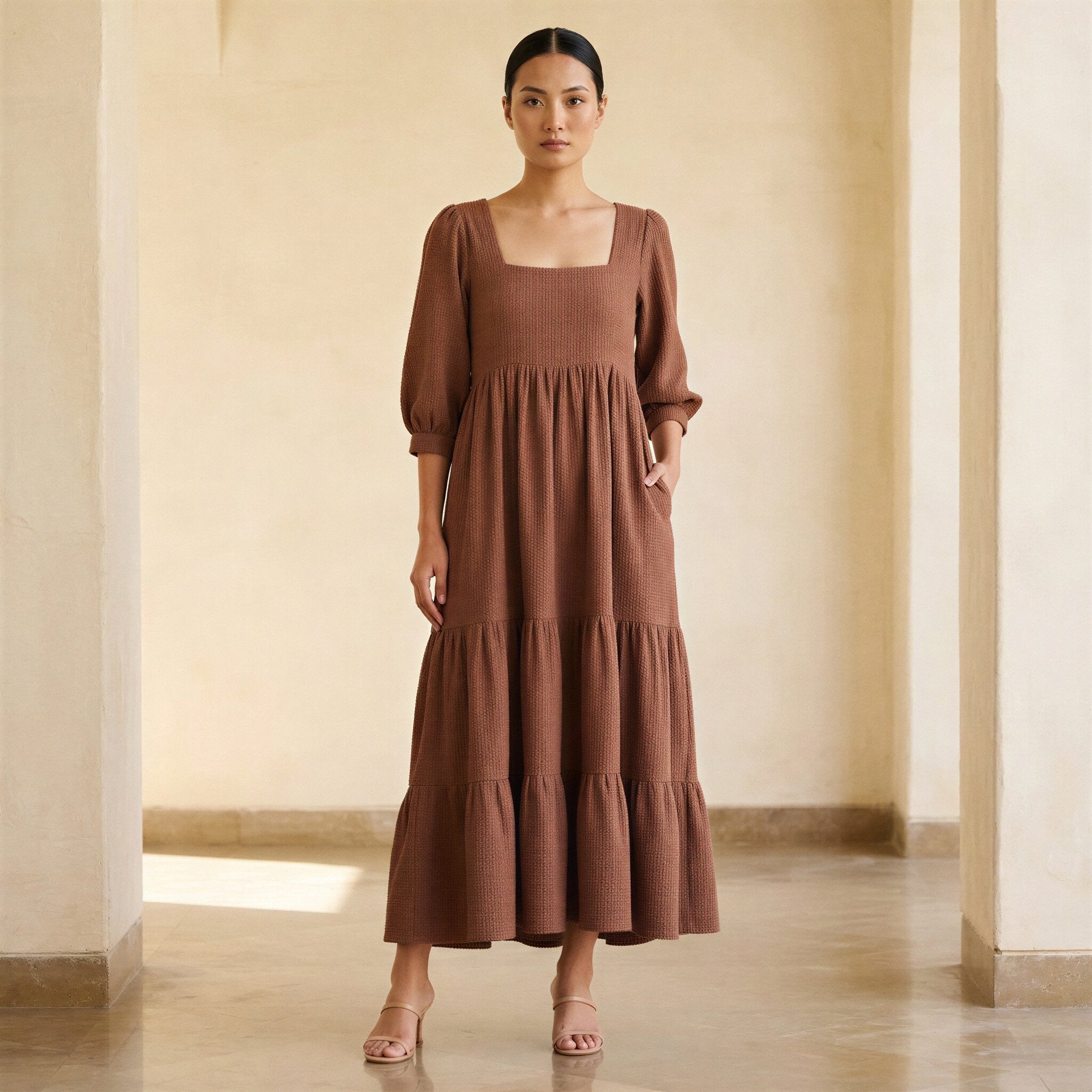 Brown Cotton Waffle Square Neck Tiered Midi Dress