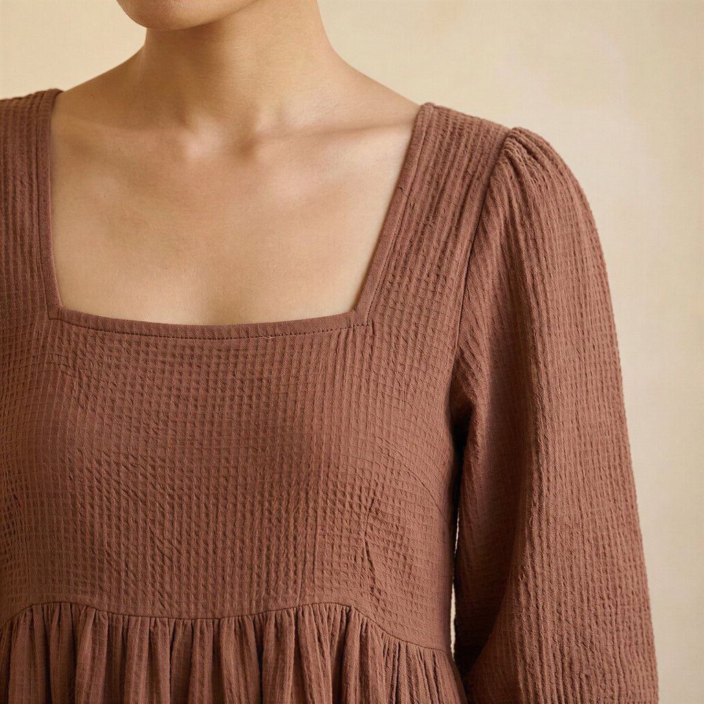 Brown Cotton Waffle Square Neck Tiered Midi Dress