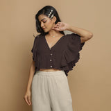Brown Crinkled Cotton Butterfly Sleeves Crop Top
