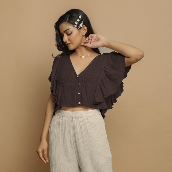 Brown Crinkled Cotton Butterfly Sleeves Crop Top