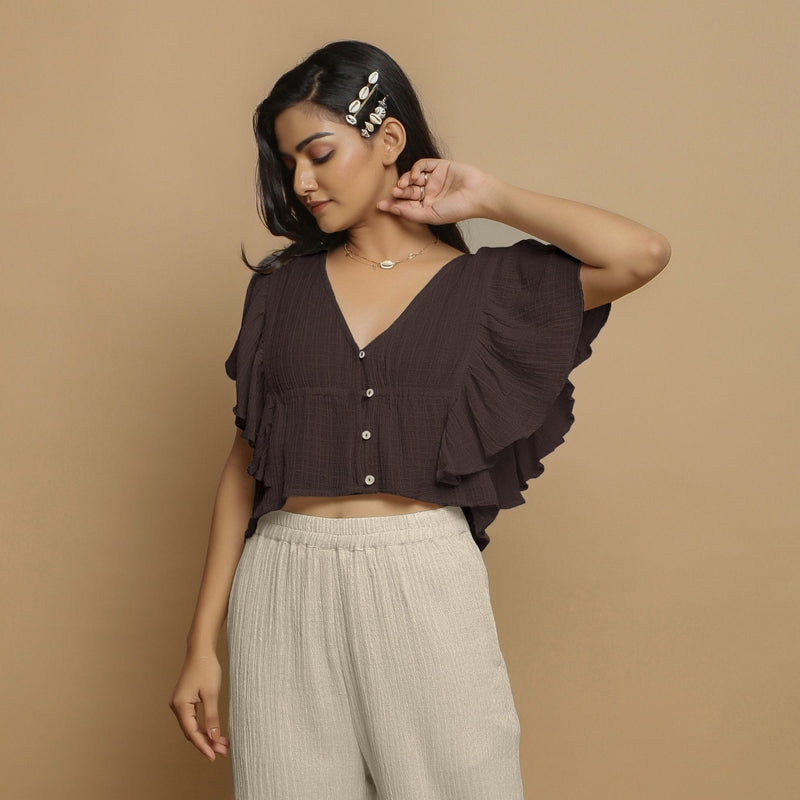 Brown Crinkled Cotton Butterfly Sleeves Crop Top