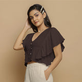 Brown Crinkled Cotton Butterfly Sleeves Crop Top
