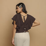 Brown Crinkled Cotton Butterfly Sleeves Crop Top
