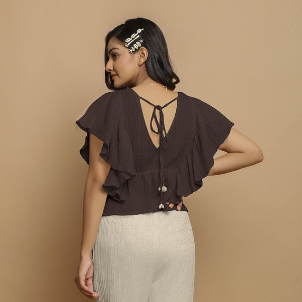 Brown Crinkled Cotton Butterfly Sleeves Crop Top