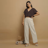 Brown Crinkled Cotton Butterfly Sleeves Crop Top