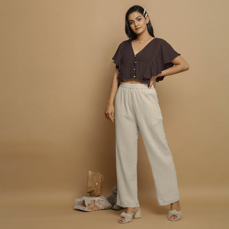 Brown Crinkled Cotton Butterfly Sleeves Crop Top