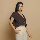 Brown Crinkled Cotton Butterfly Sleeves Crop Top
