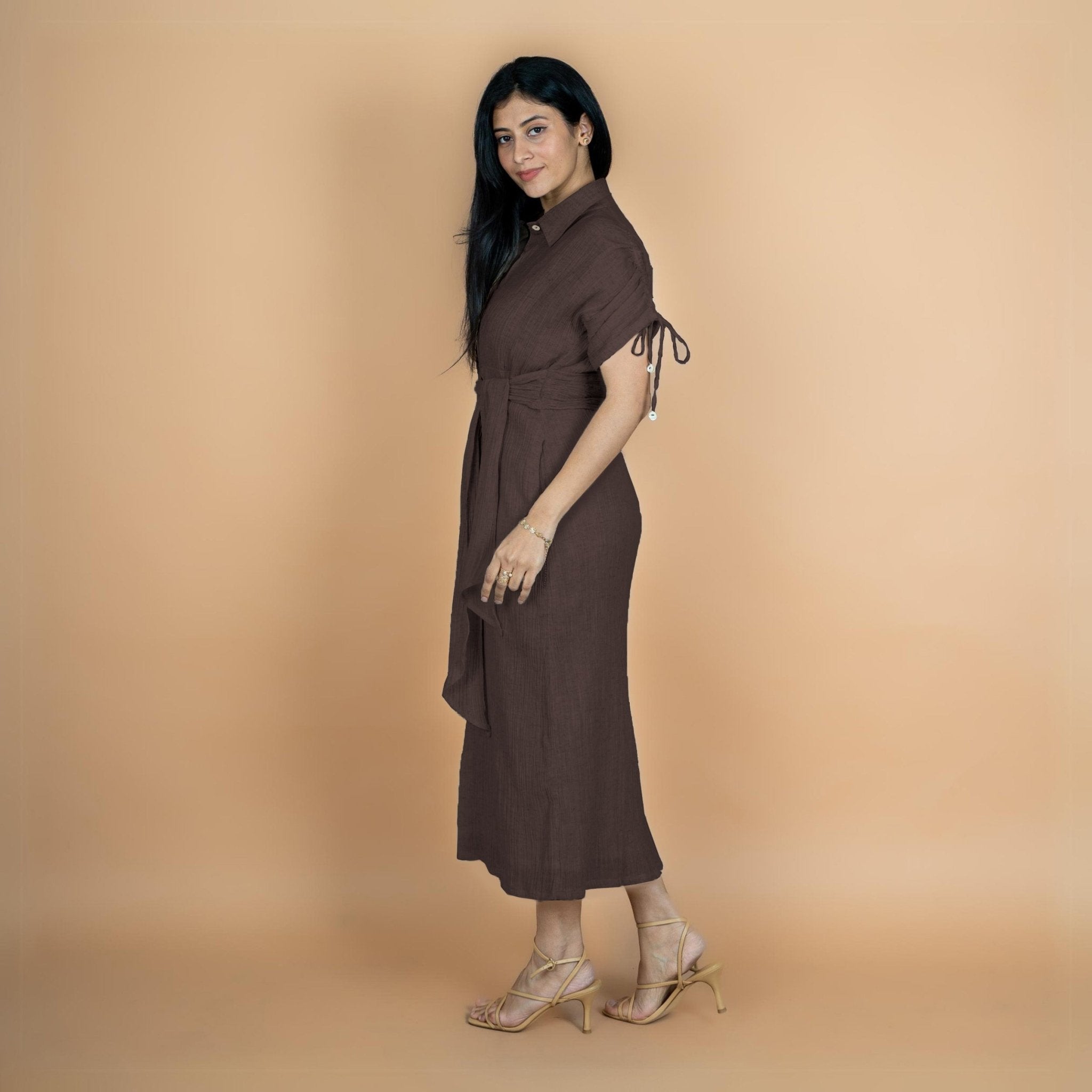 Brown Crinkled Cotton Flax Boho Maxi Button-Down Shirt Dress