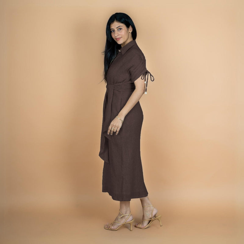 Brown Crinkled Cotton Flax Boho Maxi Button-Down Shirt Dress