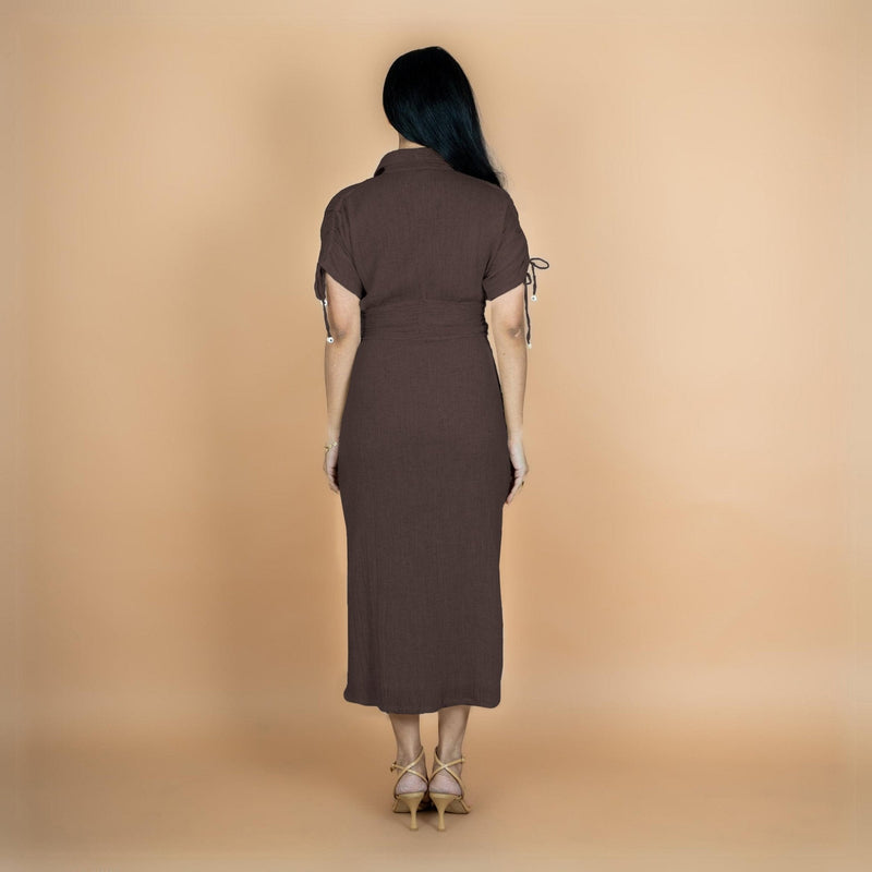 Brown Crinkled Cotton Flax Boho Maxi Button-Down Shirt Dress