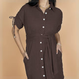 Brown Crinkled Cotton Flax Boho Maxi Button-Down Shirt Dress