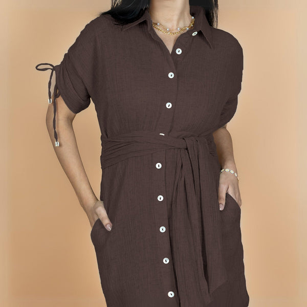 Brown Crinkled Cotton Flax Boho Maxi Button-Down Shirt Dress