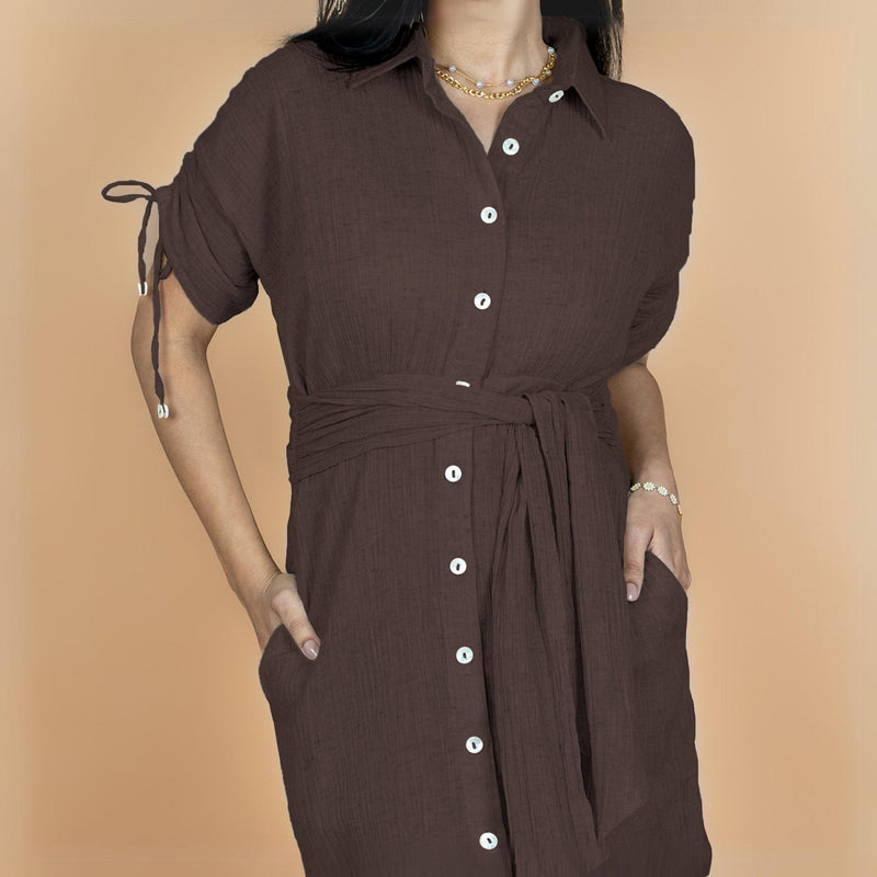 Brown Crinkled Cotton Flax Boho Maxi Button-Down Shirt Dress