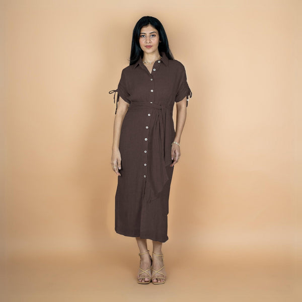 Brown Crinkled Cotton Flax Boho Maxi Button-Down Shirt Dress