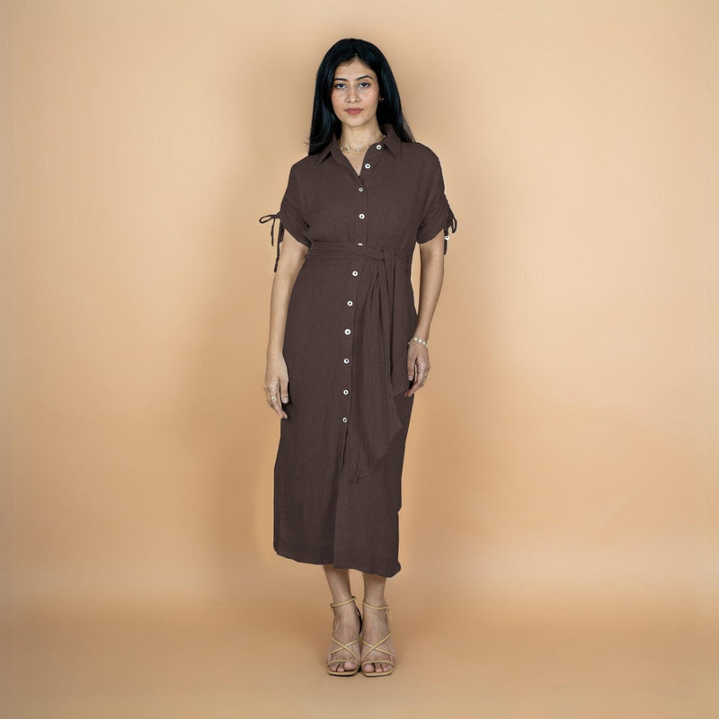 Brown Crinkled Cotton Flax Boho Maxi Button-Down Shirt Dress