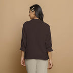 Brown Crinkled Cotton Flax Boho Tie-Neck Top