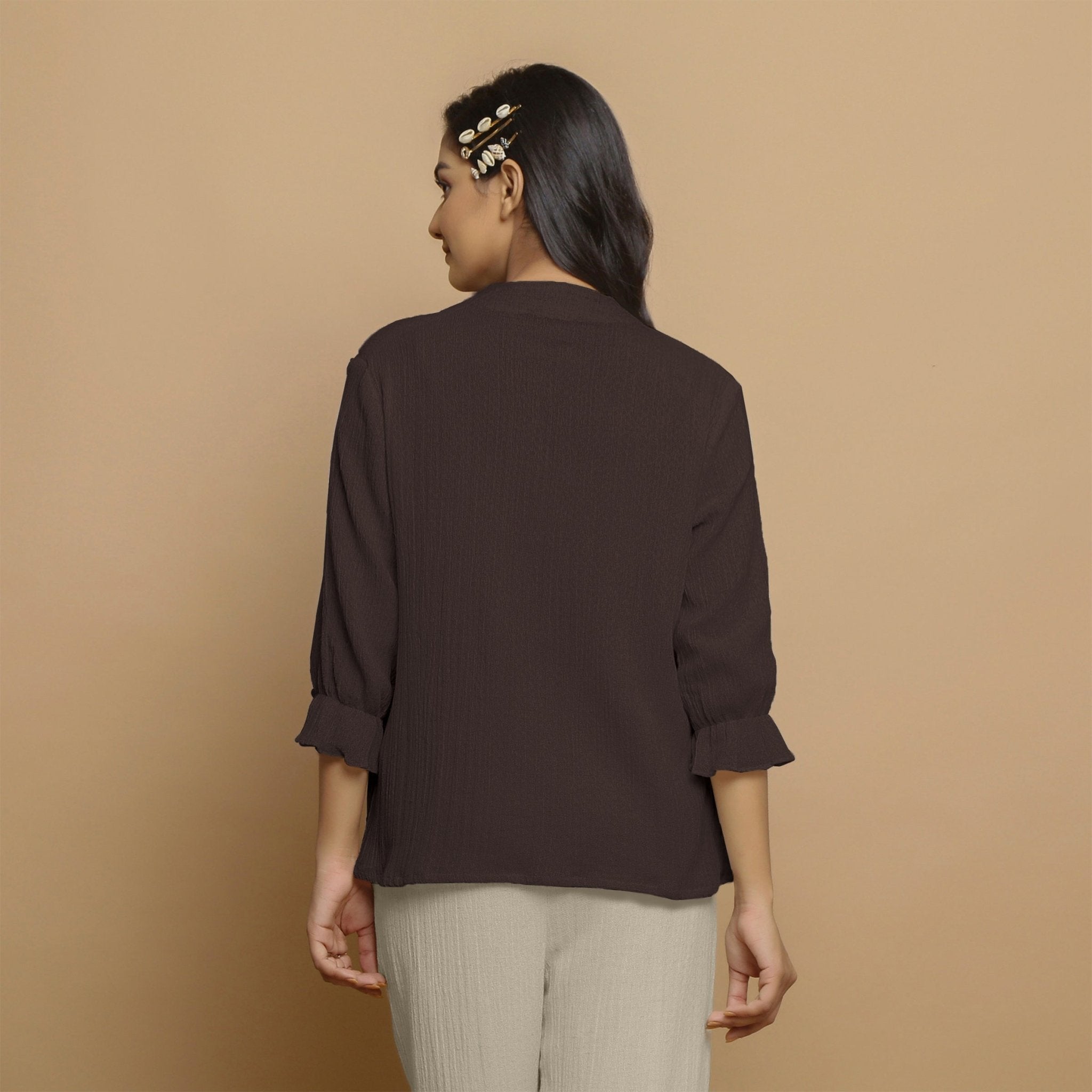 Brown Crinkled Cotton Flax Boho Tie-Neck Top