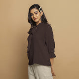 Brown Crinkled Cotton Flax Boho Tie-Neck Top