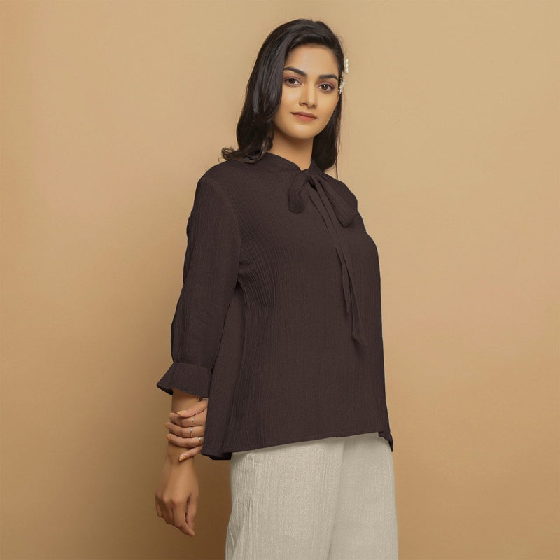 Brown Crinkled Cotton Flax Boho Tie-Neck Top