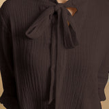 Brown Crinkled Cotton Flax Boho Tie-Neck Top