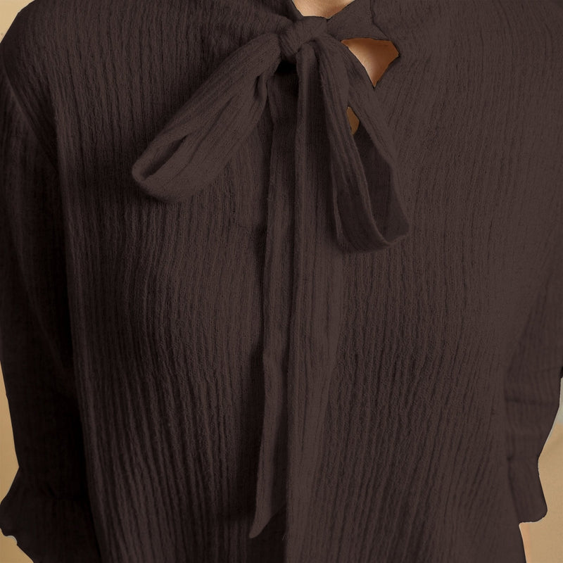 Brown Crinkled Cotton Flax Boho Tie-Neck Top