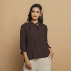 Brown Crinkled Cotton Flax Boho Tie-Neck Top