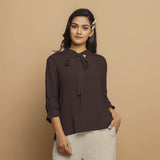 Brown Crinkled Cotton Flax Boho Tie-Neck Top
