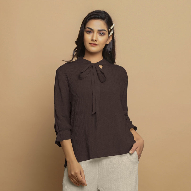 Brown Crinkled Cotton Flax Boho Tie-Neck Top