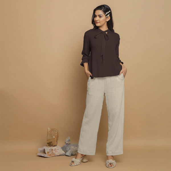 Brown Crinkled Cotton Flax Boho Tie-Neck Top