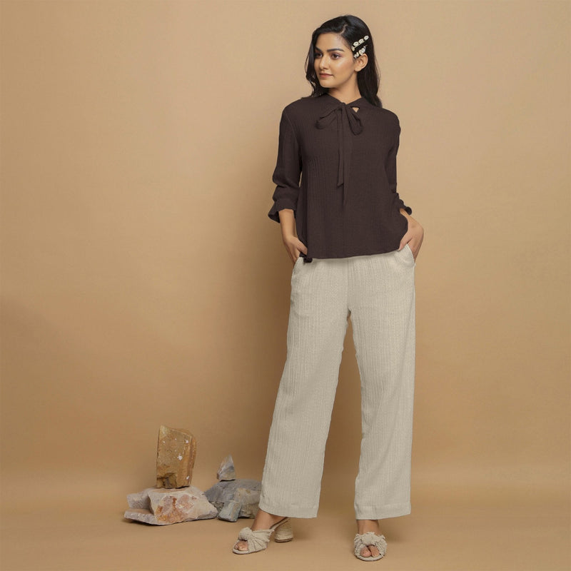 Brown Crinkled Cotton Flax Boho Tie-Neck Top