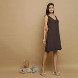 Brown Crinkled Cotton Flax Deep Neck Sleeveless Short Dress