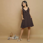 Brown Crinkled Cotton Flax Deep Neck Sleeveless Short Dress
