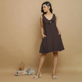 Brown Crinkled Cotton Flax Deep Neck Sleeveless Short Dress