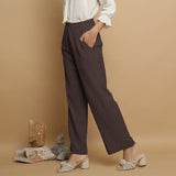 Brown Crinkled Cotton Flax Elasticated Mid-Rise Pant
