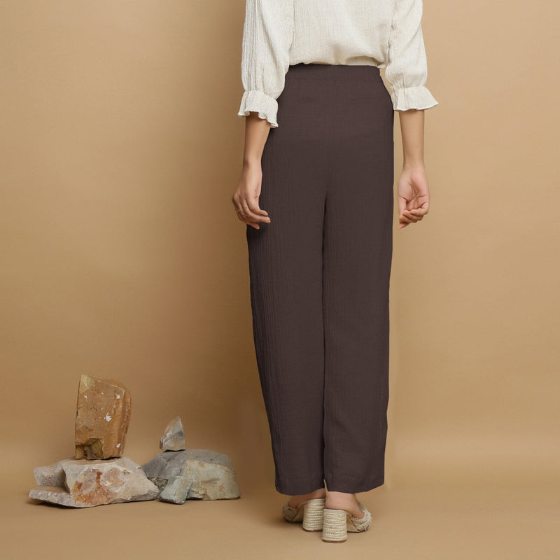 Brown Crinkled Cotton Flax Elasticated Mid-Rise Pant