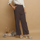 Brown Crinkled Cotton Flax Elasticated Mid-Rise Pant