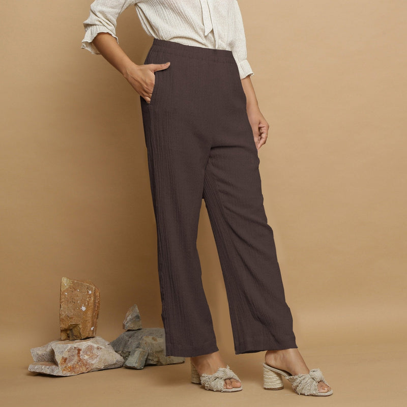 Brown Crinkled Cotton Flax Elasticated Mid-Rise Pant