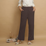 Brown Crinkled Cotton Flax Elasticated Mid-Rise Pant