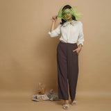 Brown Crinkled Cotton Flax Elasticated Mid-Rise Pant