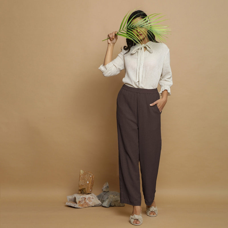 Brown Crinkled Cotton Flax Elasticated Mid-Rise Pant