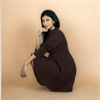 Brown Crinkled Cotton Flax Fit and Flare Maxi Empire Dress