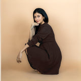 Brown Crinkled Cotton Flax Fit and Flare Maxi Empire Dress
