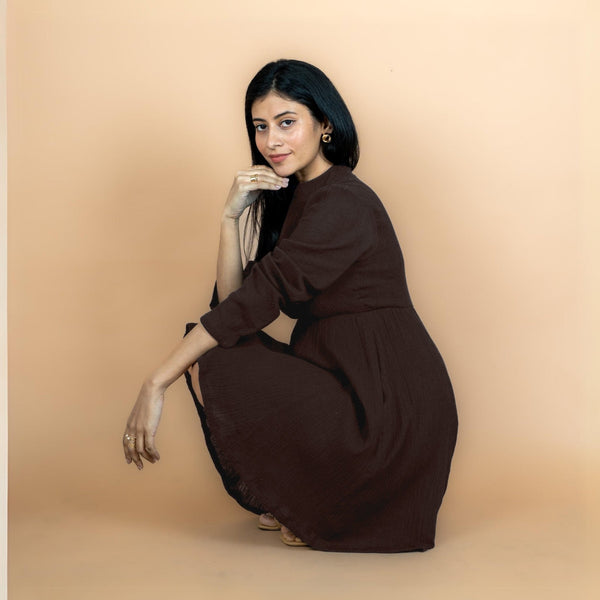 Brown Crinkled Cotton Flax Fit and Flare Maxi Empire Dress