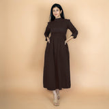 Brown Crinkled Cotton Flax Fit and Flare Maxi Empire Dress