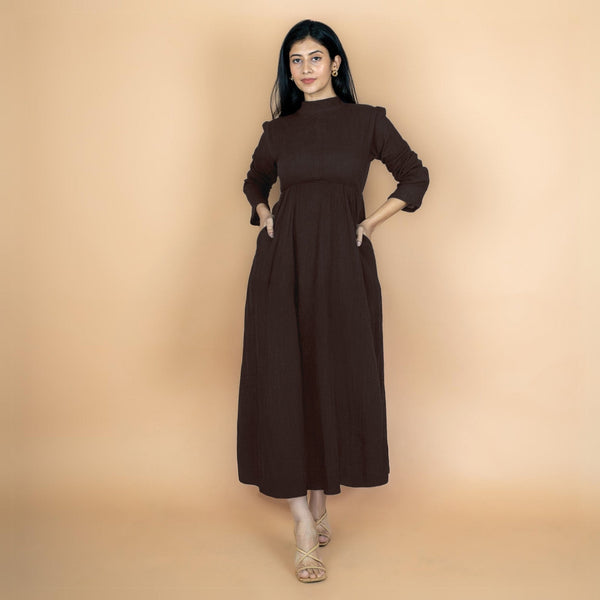 Brown Crinkled Cotton Flax Fit and Flare Maxi Empire Dress