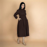 Brown Crinkled Cotton Flax Fit and Flare Maxi Empire Dress