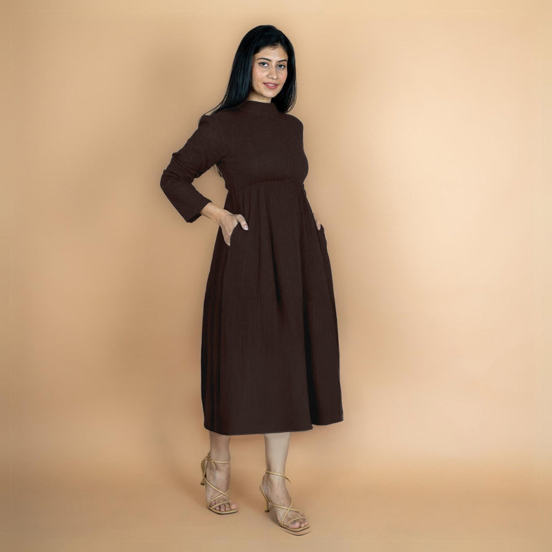 Brown Crinkled Cotton Flax Fit and Flare Maxi Empire Dress