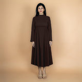 Brown Crinkled Cotton Flax Fit and Flare Maxi Empire Dress
